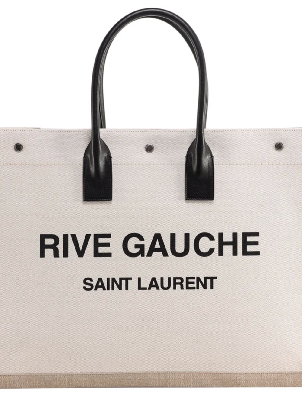 Saint Laurent YSL Rive Gauche White Black Canvas Logo Leather Tote Bag